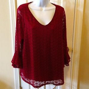 ROZ & ALI NWOT Burgandy Vee Neck, Lace 3/4 Sleeve, Lined Woman's Plus Top SZ 1X